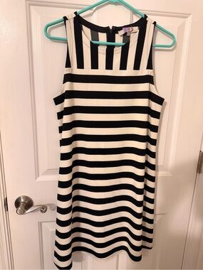 LOFT Black and White Striped Sleeveless Midi Dress